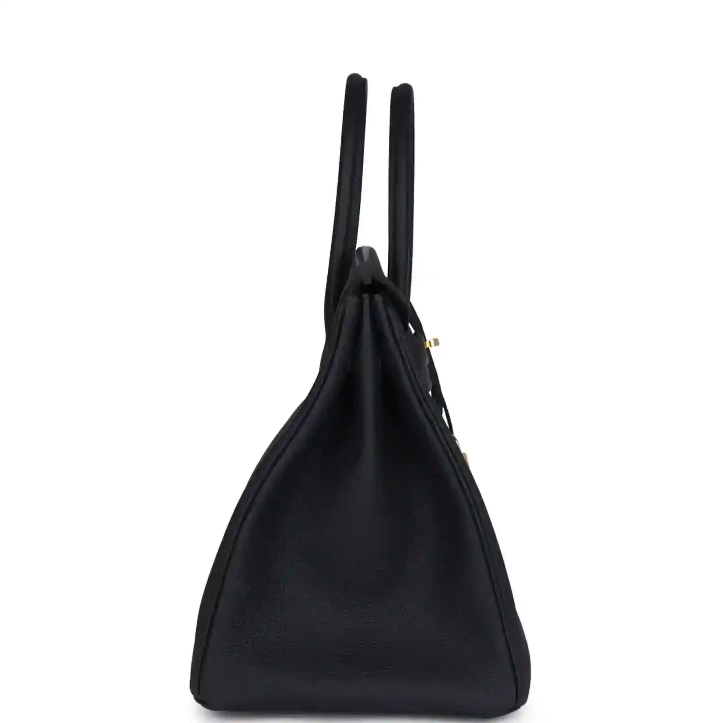Leather Birkin handbag side profile with two handles and gold hardware, dark color
