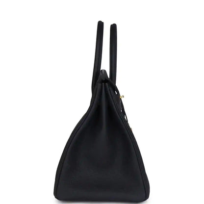 Leather Birkin handbag side profile with two handles and gold hardware, dark color
