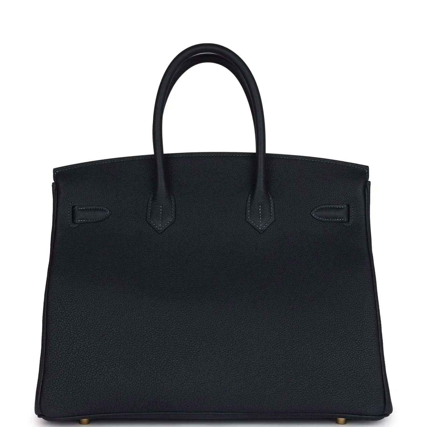 Leather Birkin handbag front with structured flap, handles, and minimal gold accents, dark