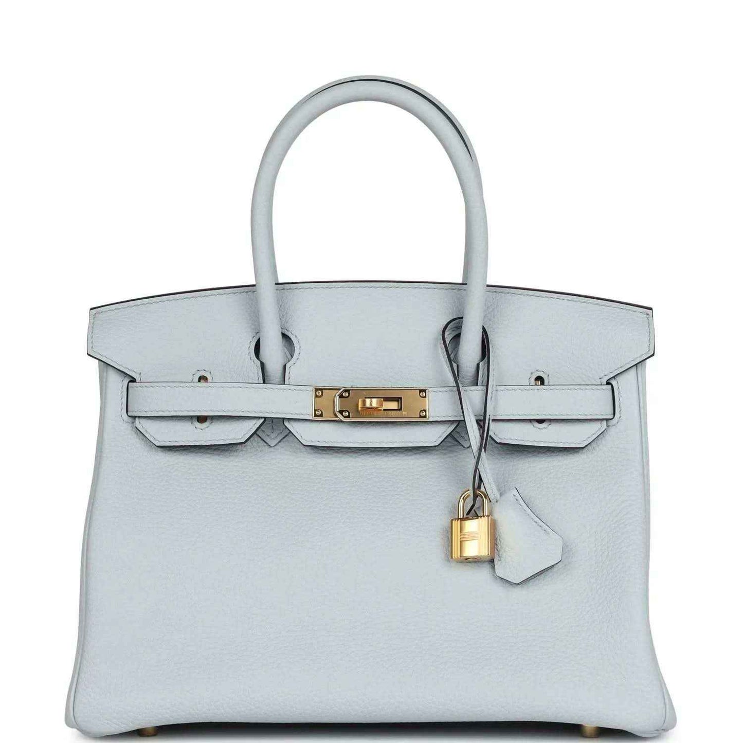 Pale blue leather handbag with gold turn-lock, top handles, and dangling lock charm