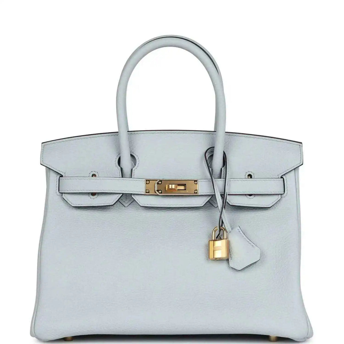 Pale blue leather handbag with gold turn-lock, top handles, and dangling lock charm