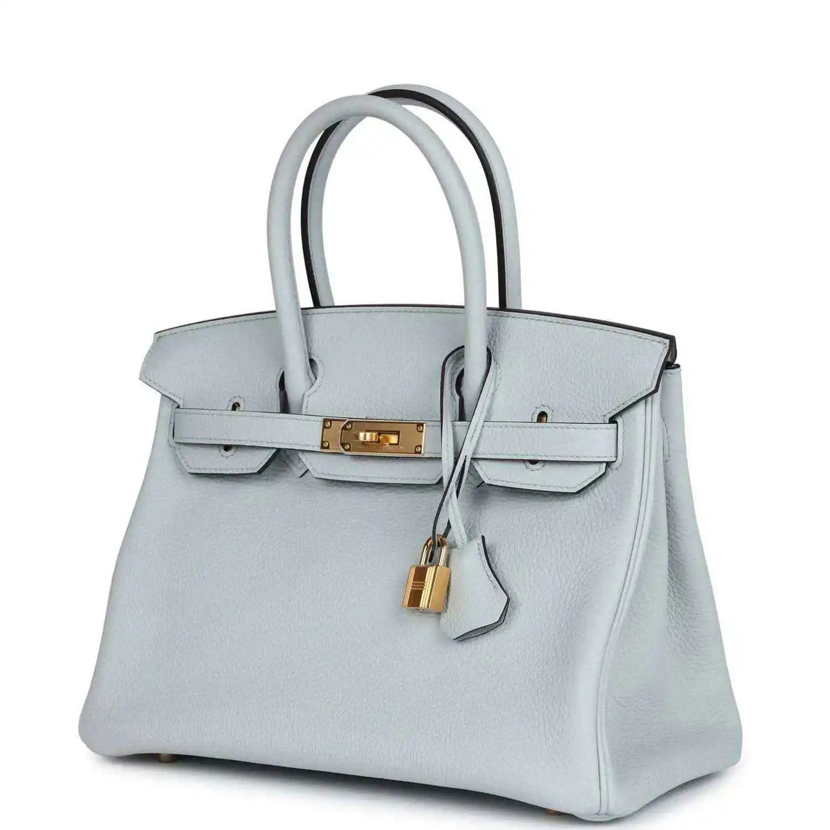 Pale blue leather handbag with gold turn-lock, top handles, and front flap lock charm