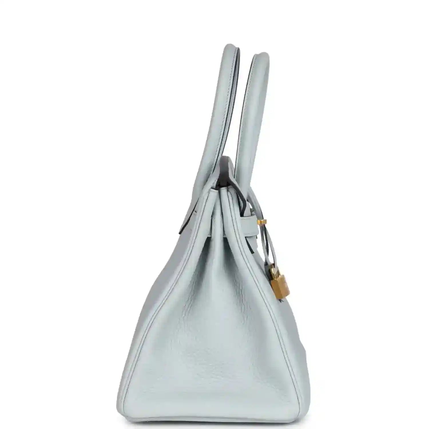 Pale blue leather handbag with two top handles and gold lock detail on strap
