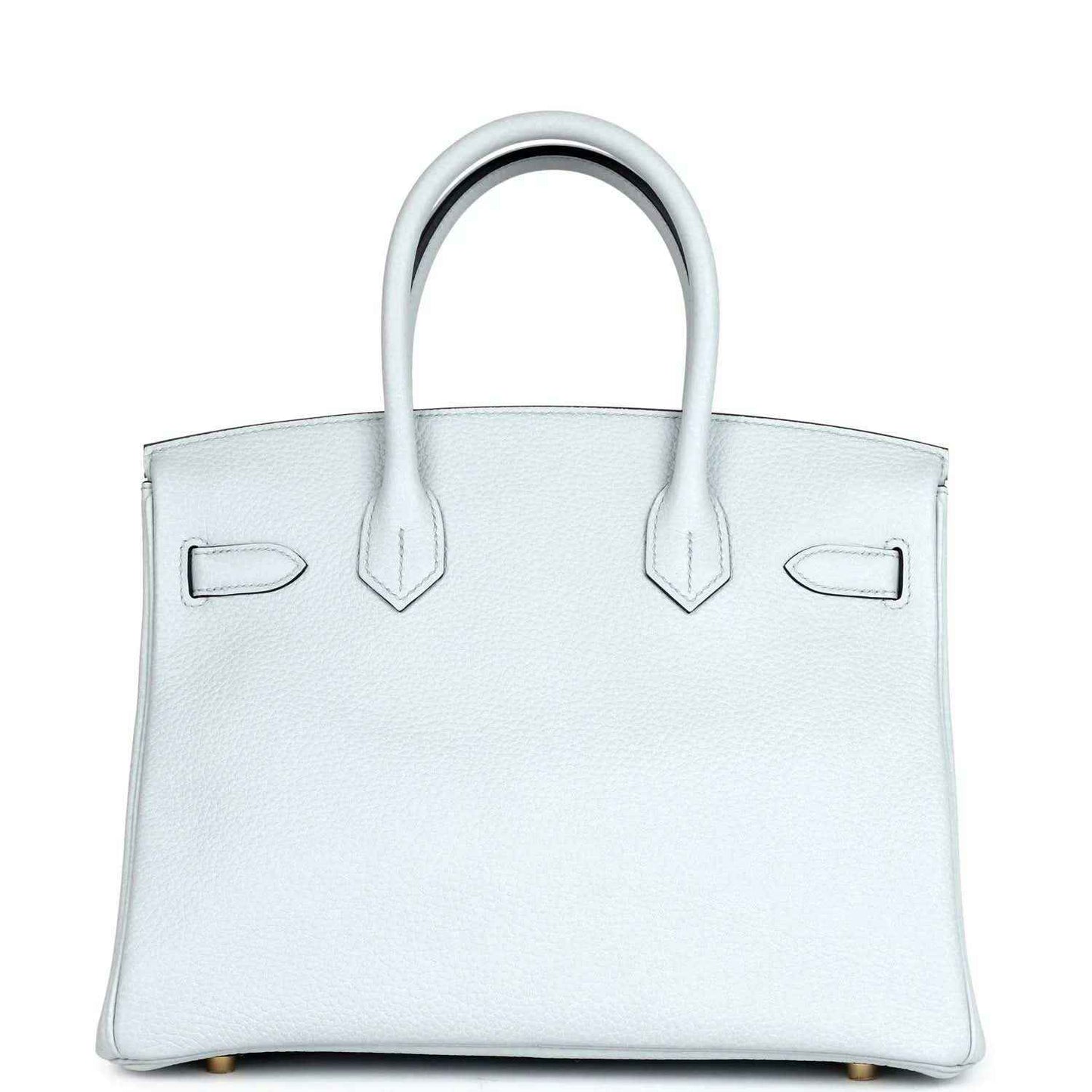 Pale blue leather handbag front panel with two side buckles and gold-toned accents