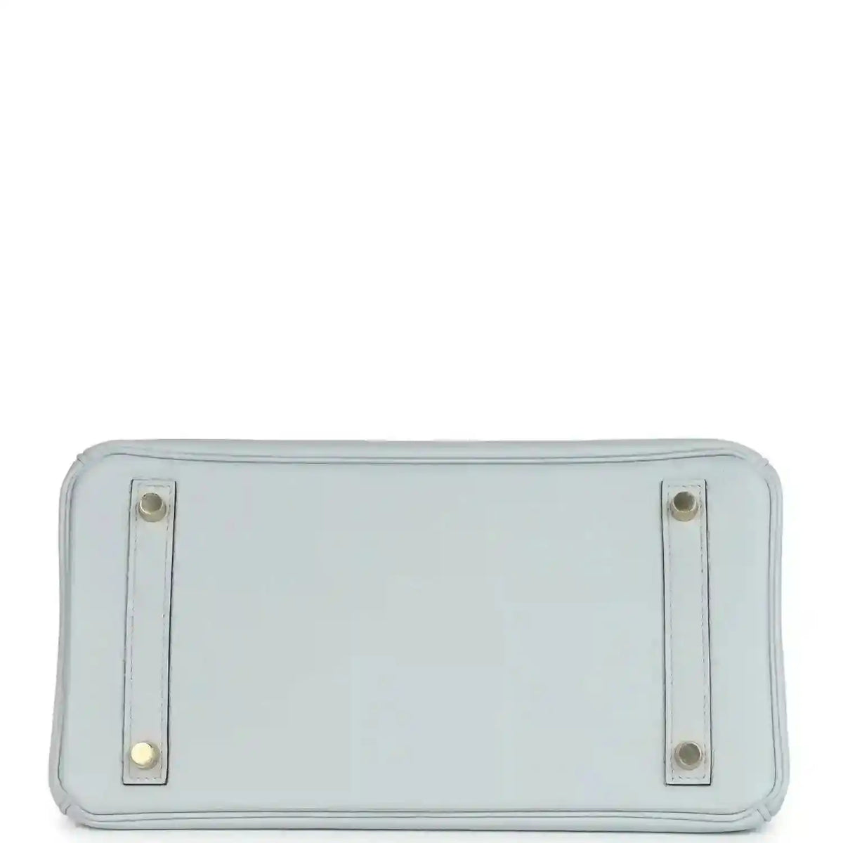 Pale blue leather handbag back panel with two metal corner tabs and stitching