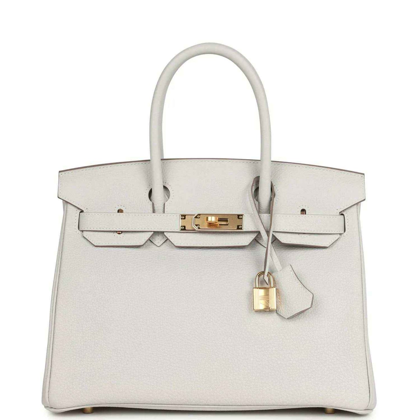 Light gray leather Birkin-style handbag with gold hardware, top handles, front clasp and lock