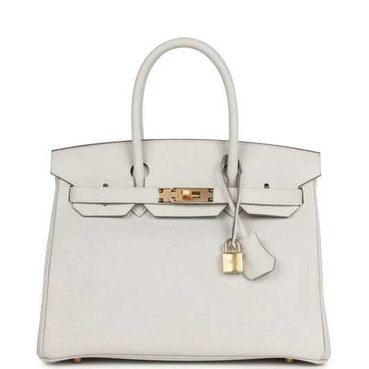 Light gray leather Birkin-style handbag with gold hardware, top handles, front clasp and lock