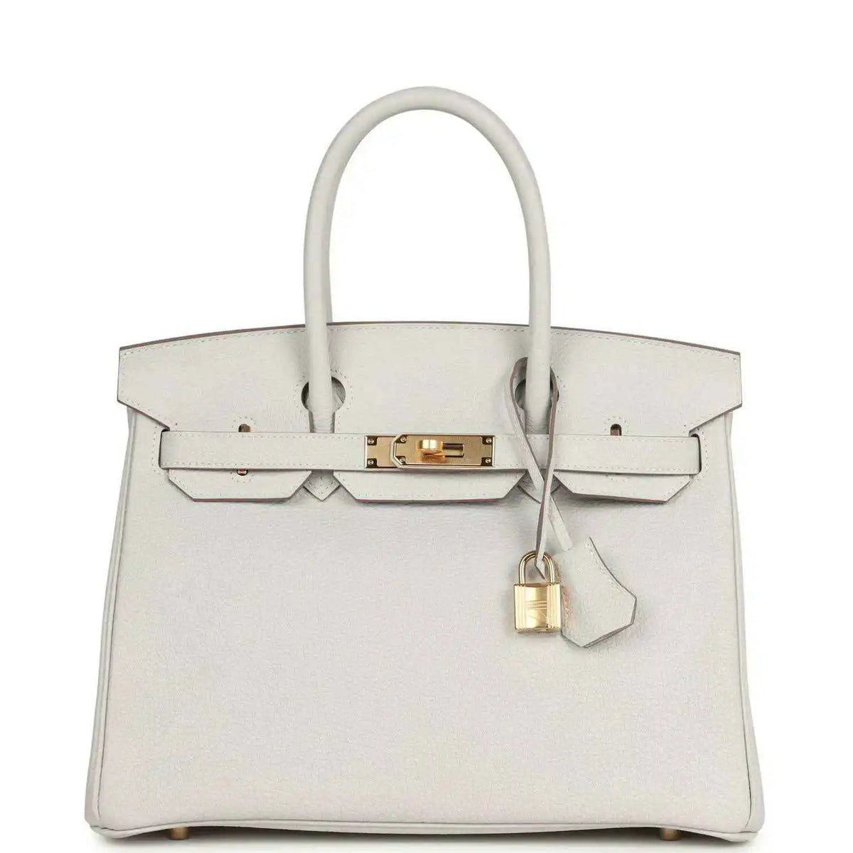 Light gray leather Birkin-style handbag with gold hardware, top handles, front clasp and lock