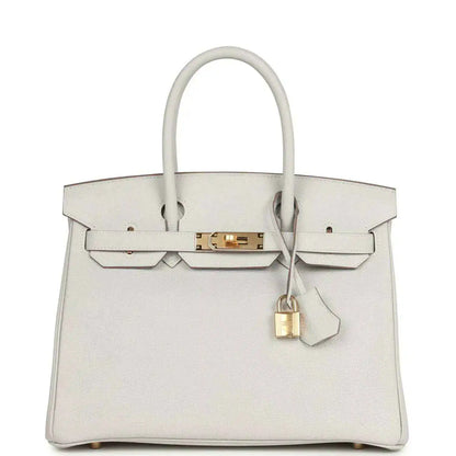 Light gray leather Birkin-style handbag with gold hardware, top handles, front clasp and lock