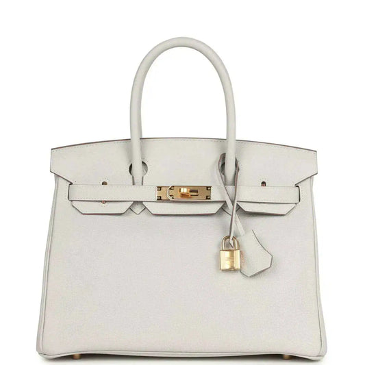 Light gray leather Birkin-style handbag with gold hardware, top handles, front clasp and lock