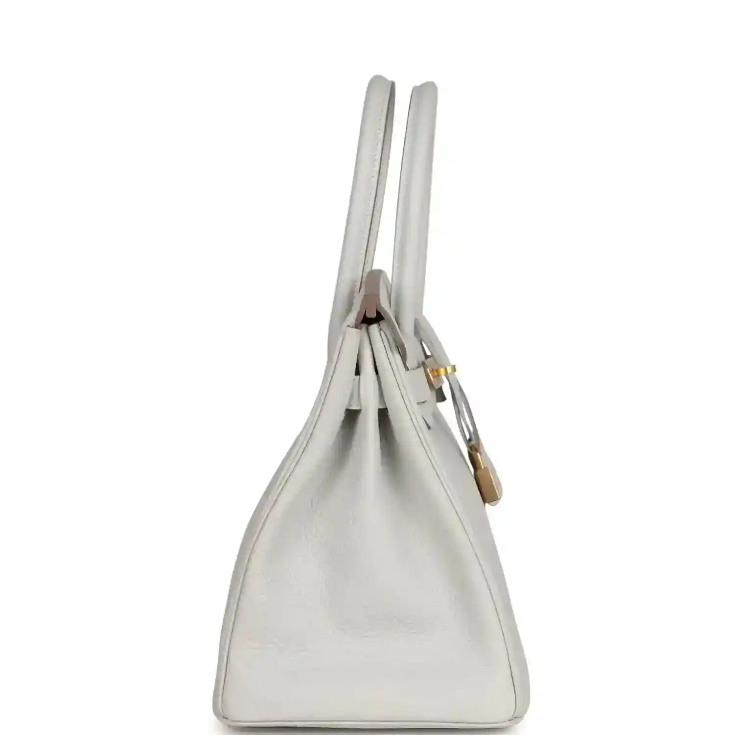 Light gray leather handbag profile view with double top handles and gold accents