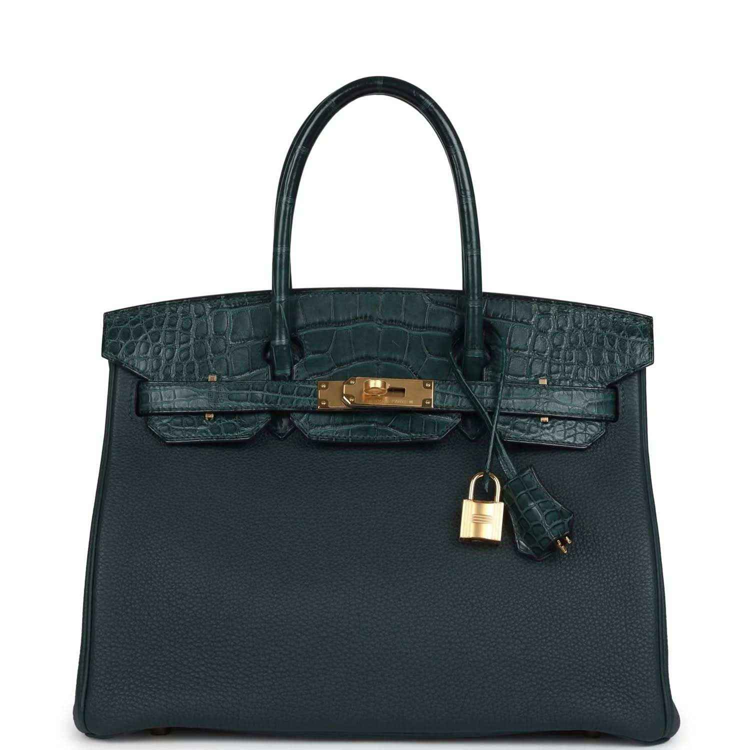 Hermes Birkin 30 handbag, dark green leather with gold hardware and top handles