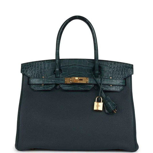 Hermes Birkin 30 handbag, dark green leather with gold hardware and top handles