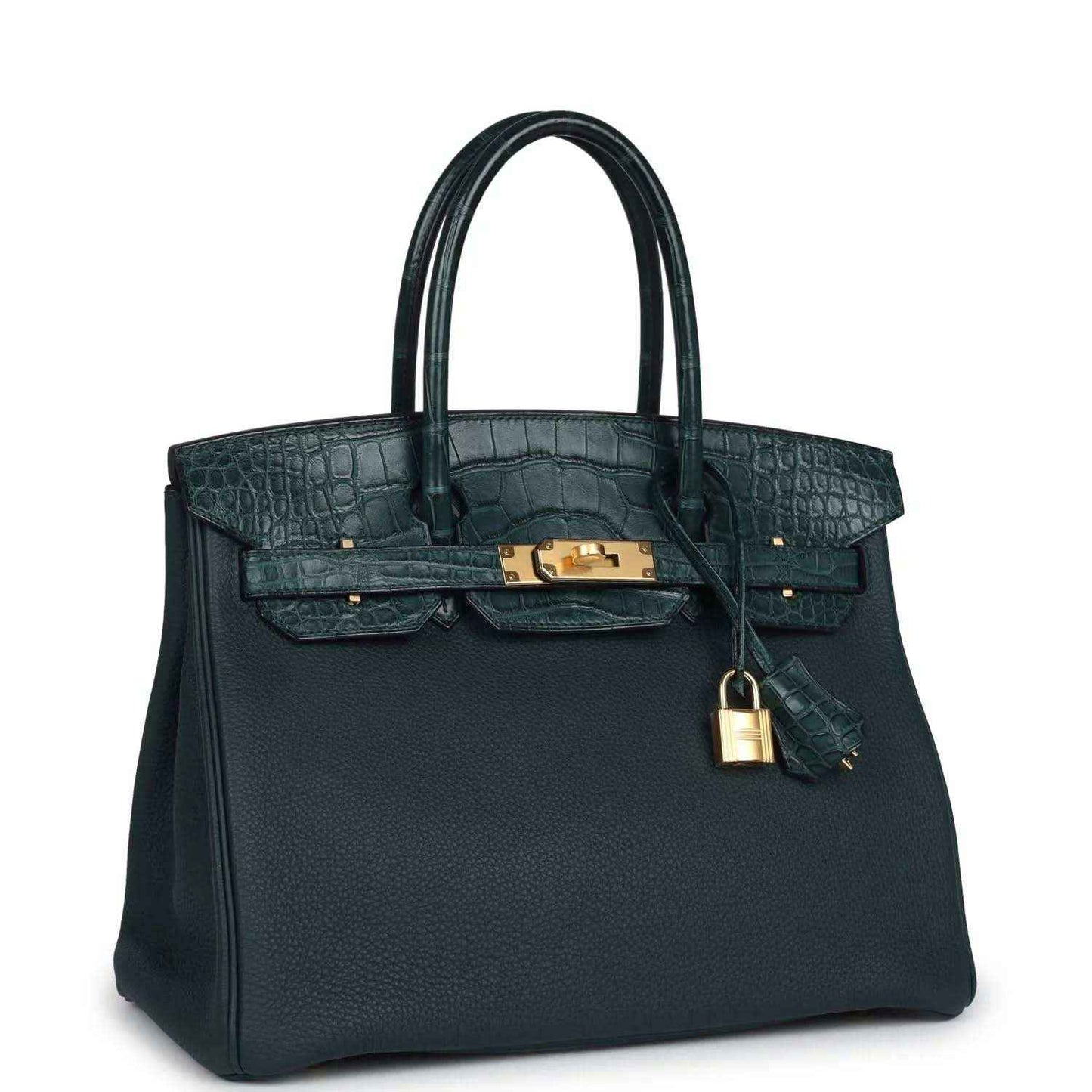 Hermes Birkin 30 handbag, dark green leather, gold turn-lock and dangling key charm