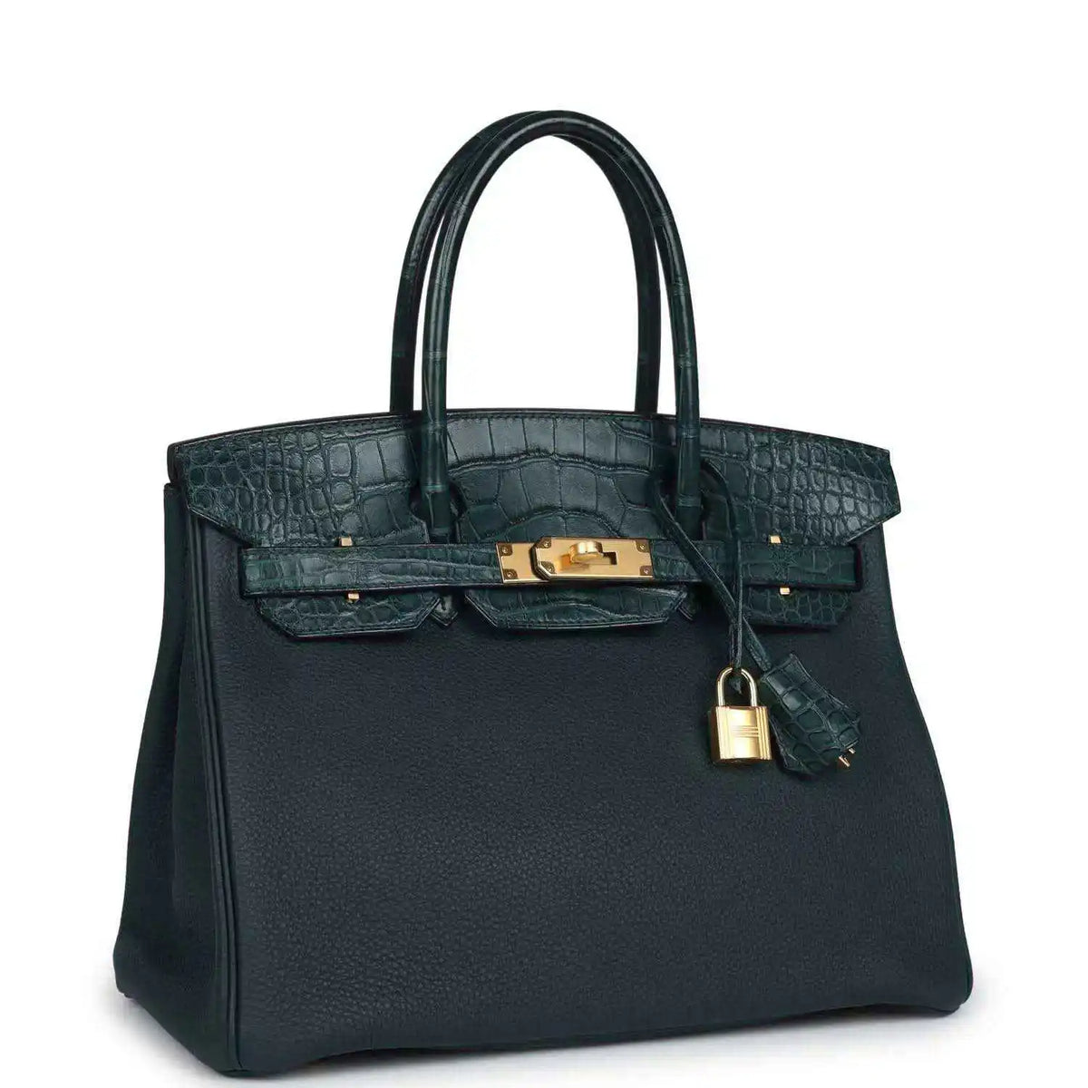 Hermes Birkin 30 handbag, dark green leather, gold turn-lock and dangling key charm