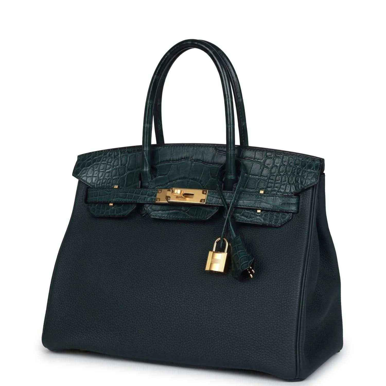 Hermes Birkin 30 handbag, dark green leather with gold lock and key charm