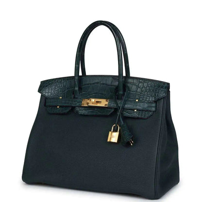 Hermes Birkin 30 handbag, dark green leather with gold lock and key charm