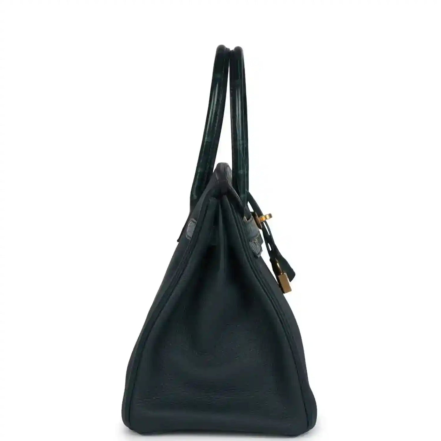 Hermes Birkin 30 handbag, dark green leather with side profile and gold hardware