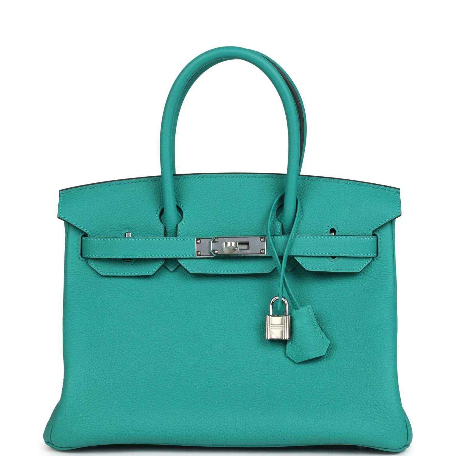 Hermes Birkin 30 teal Togo leather handbag, top handles, front clasp