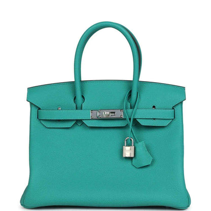 Hermes Birkin 30 teal Togo leather handbag, top handles, front clasp