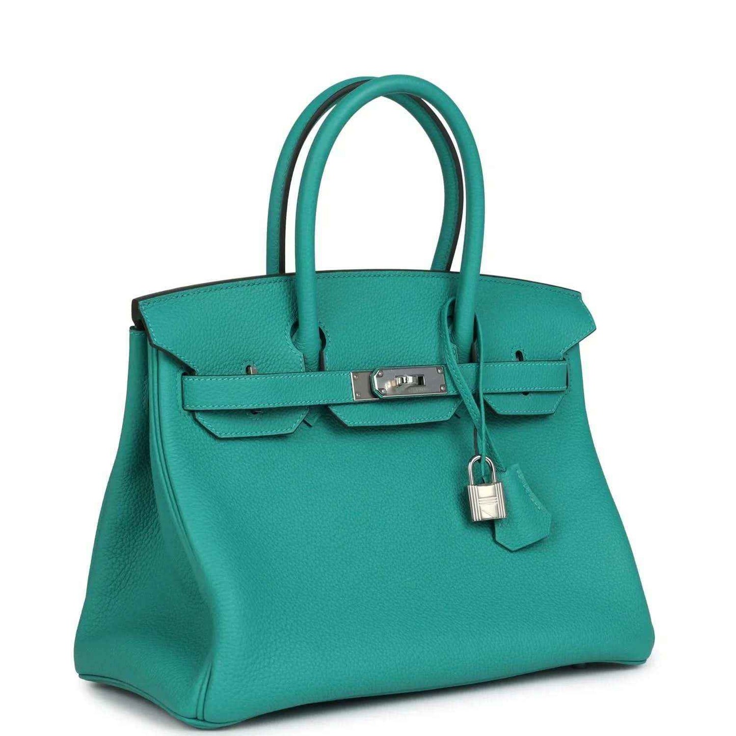 Hermes Birkin 30 teal Togo leather handbag, side view with front clasp