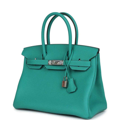 Hermes Birkin 30 teal Togo leather handbag with lock charm and front clasp