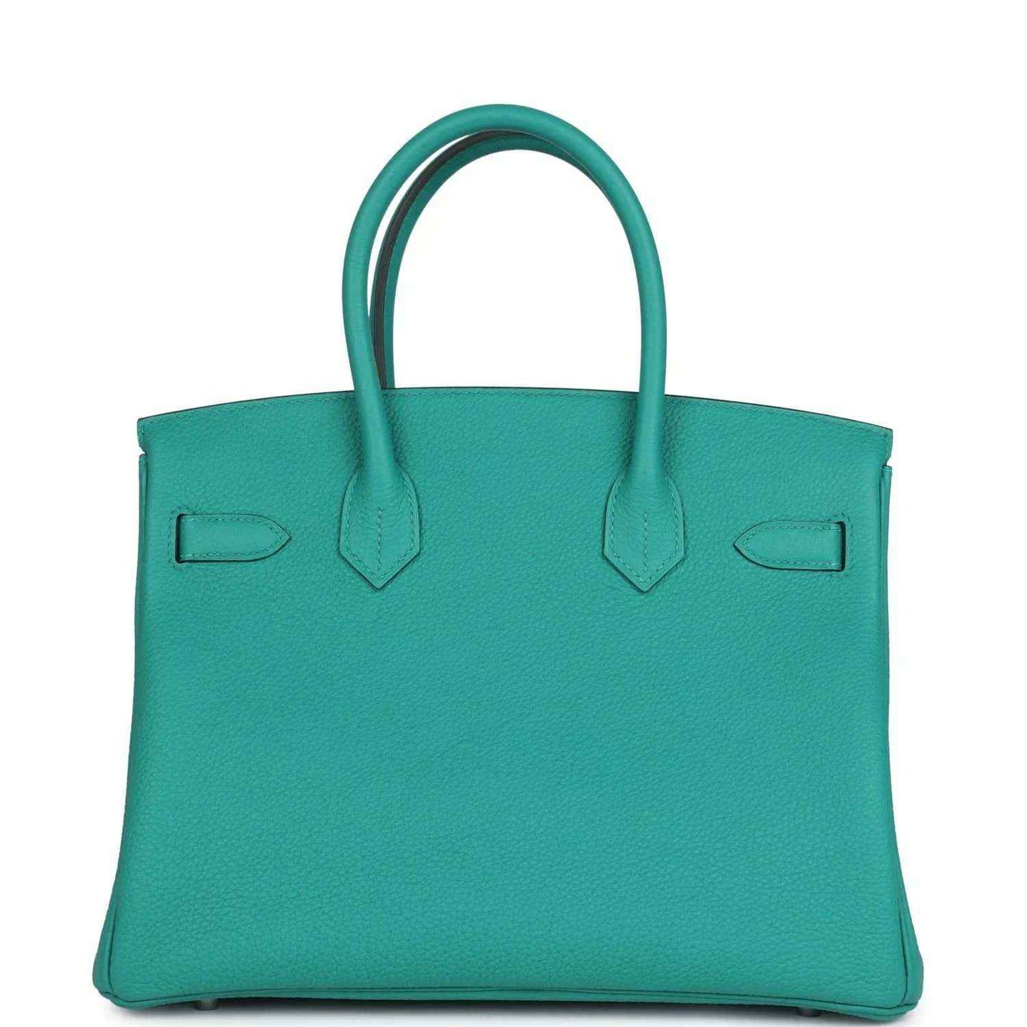 Hermes Birkin 30 teal Togo leather handbag, front view with top handles