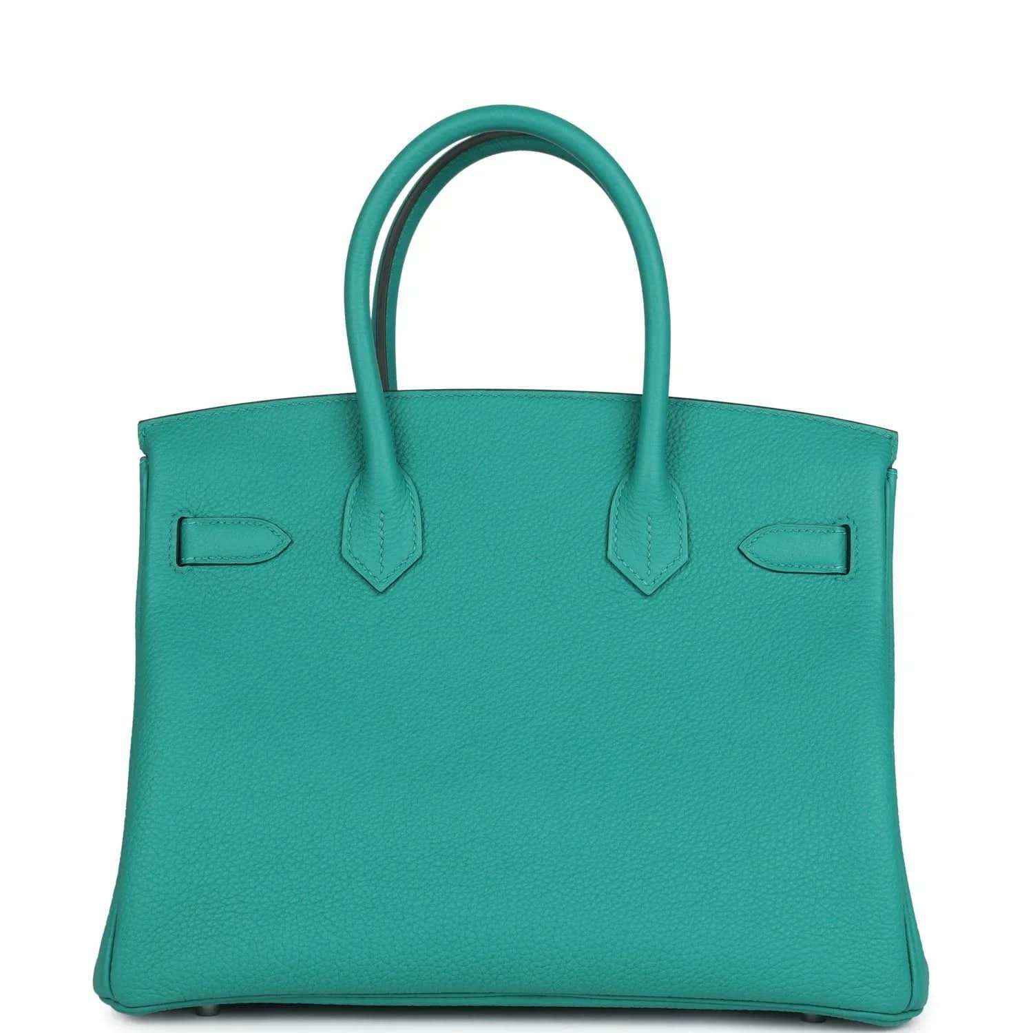 Hermes Birkin 30 teal Togo leather handbag, front view with top handles
