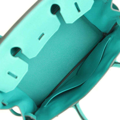 Hermes Birkin 30 teal leather handbag, open flap and interior lining detail