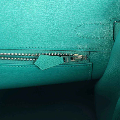 Hermes Birkin 30 teal leather handbag, zipper opening with leather pull tab