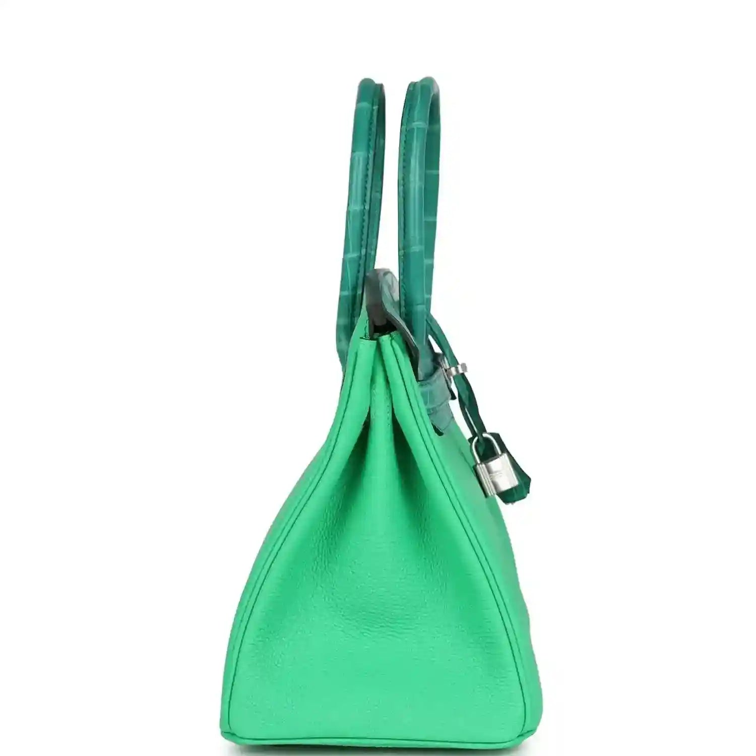 Green leather handbag with double top handles and dangling lock charm