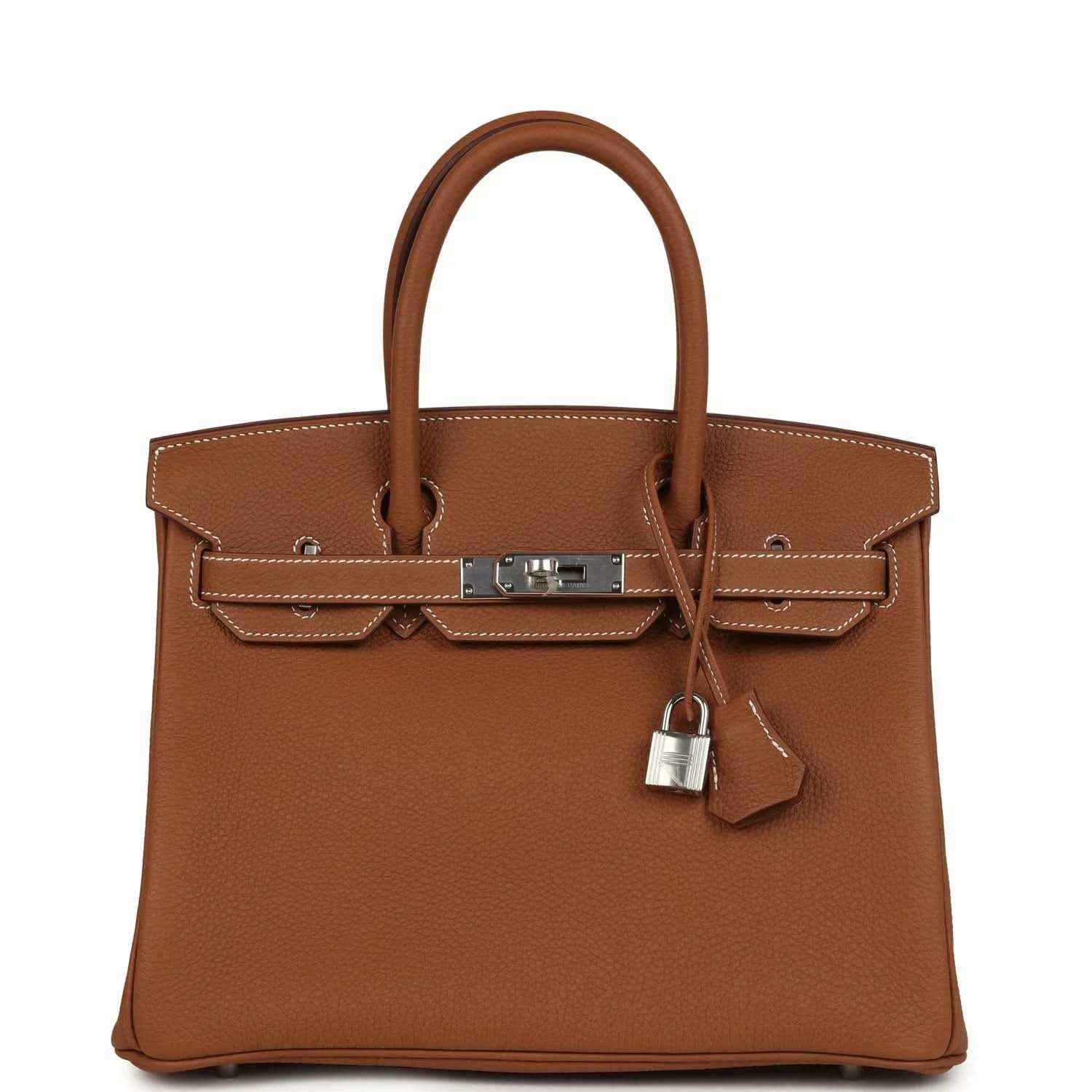 Hermes Birkin 30 handbag in gold-brown Togo leather with palladium hardware and top handle