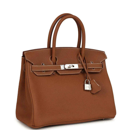 Hermes Birkin 30 handbag front view in gold-brown Togo leather with palladium lock and handles