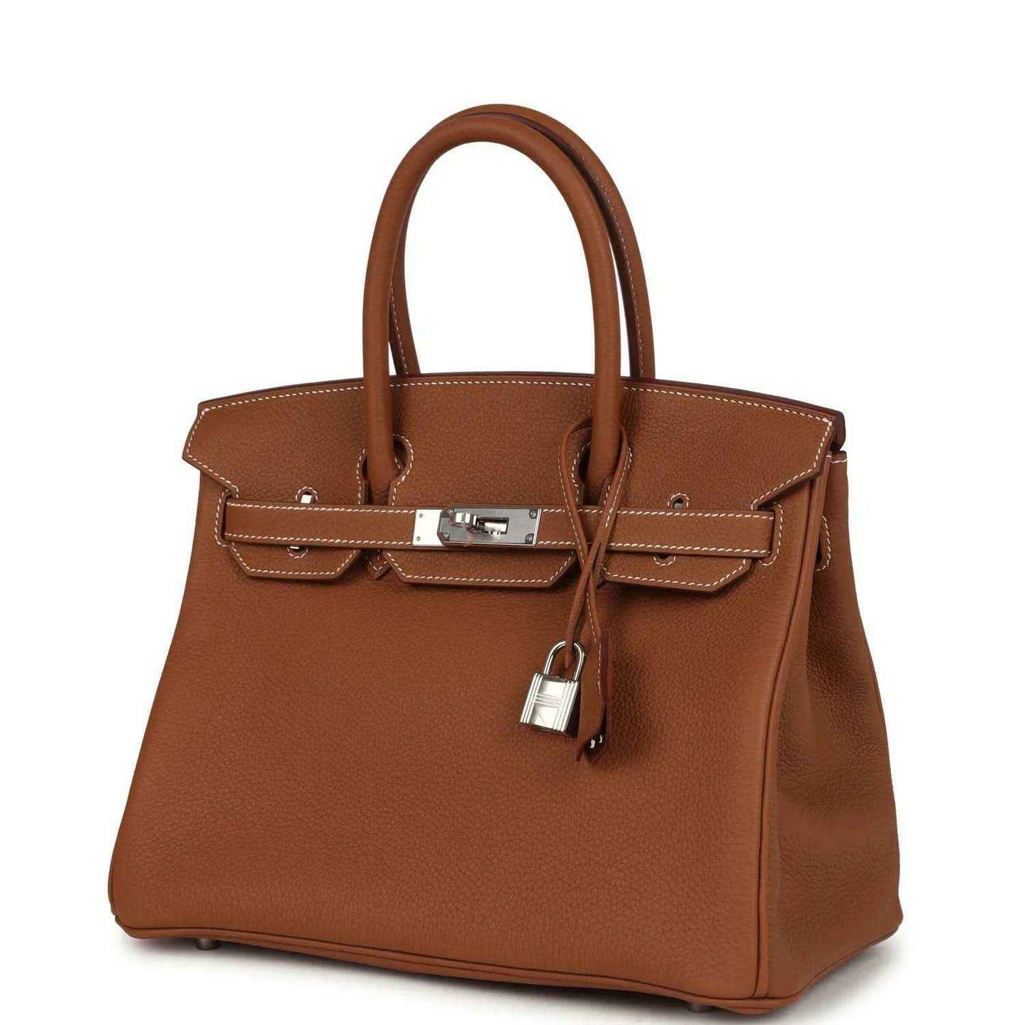 Hermes Birkin 30 handbag front view in gold-brown Togo leather with palladium hardware
