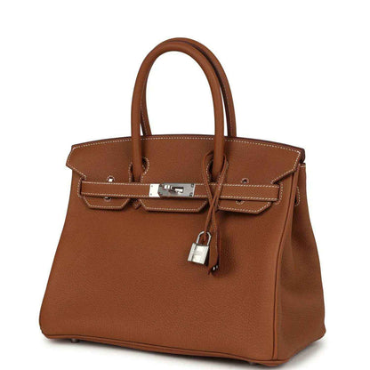 Hermes Birkin 30 handbag front view in gold-brown Togo leather with palladium hardware