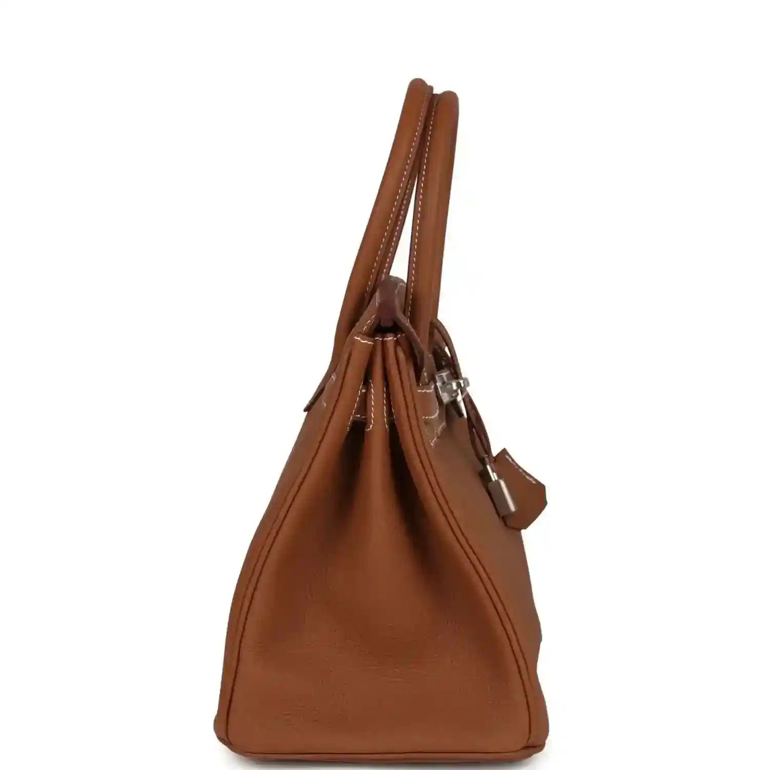 Hermes Birkin 30 handbag side view in gold-brown Togo leather with palladium lock charm
