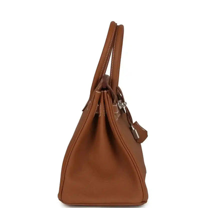 Hermes Birkin 30 handbag side view in gold-brown Togo leather with palladium lock charm