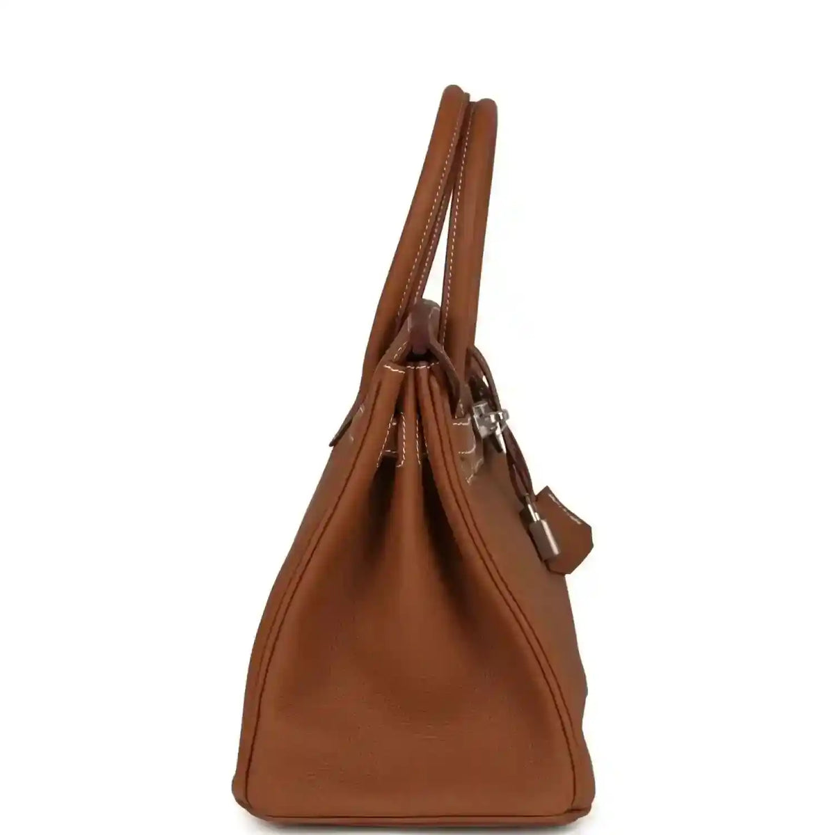 Hermes Birkin 30 handbag side view in gold-brown Togo leather with palladium lock charm
