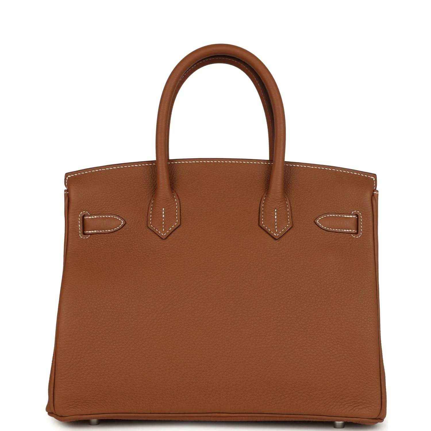 Hermes Birkin 30 handbag front view in gold-brown Togo leather with stitched detailing
