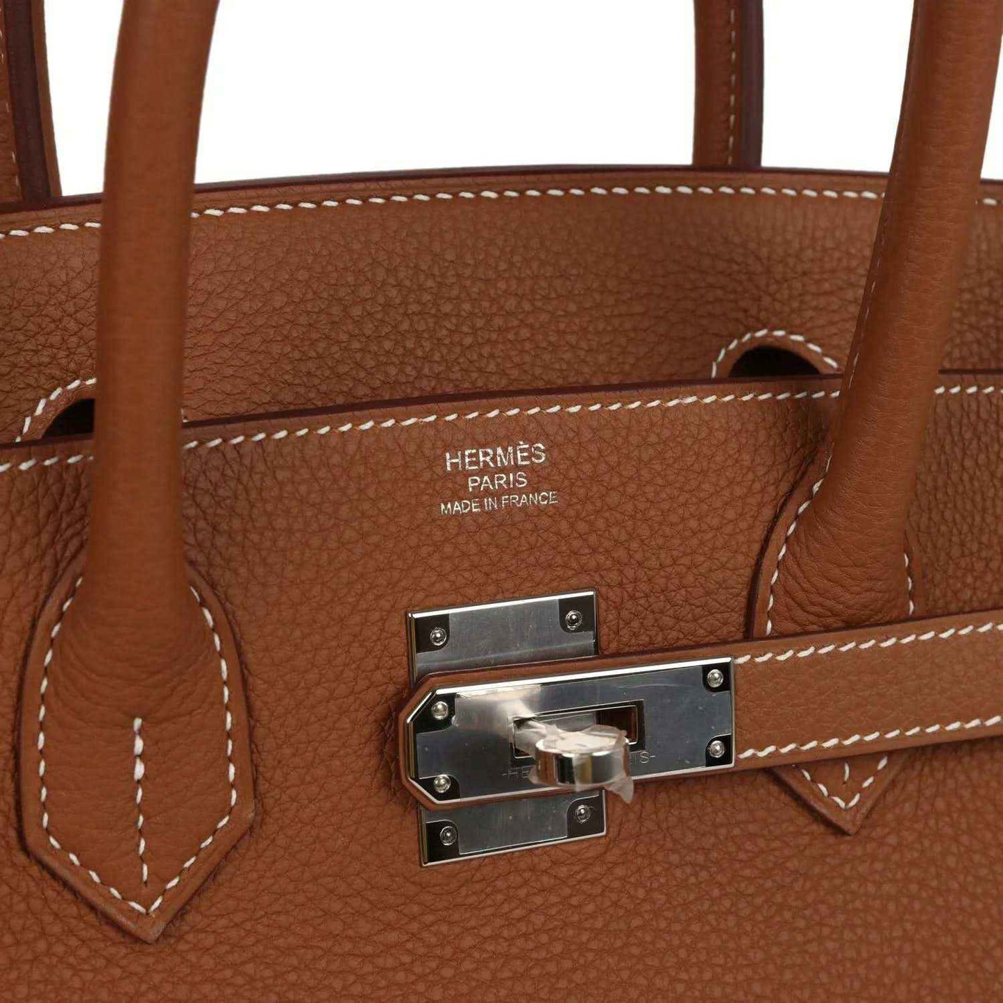 Hermes Birkin 30 handbag close-up of front flap hardware with Hermès Paris stamp and stitching