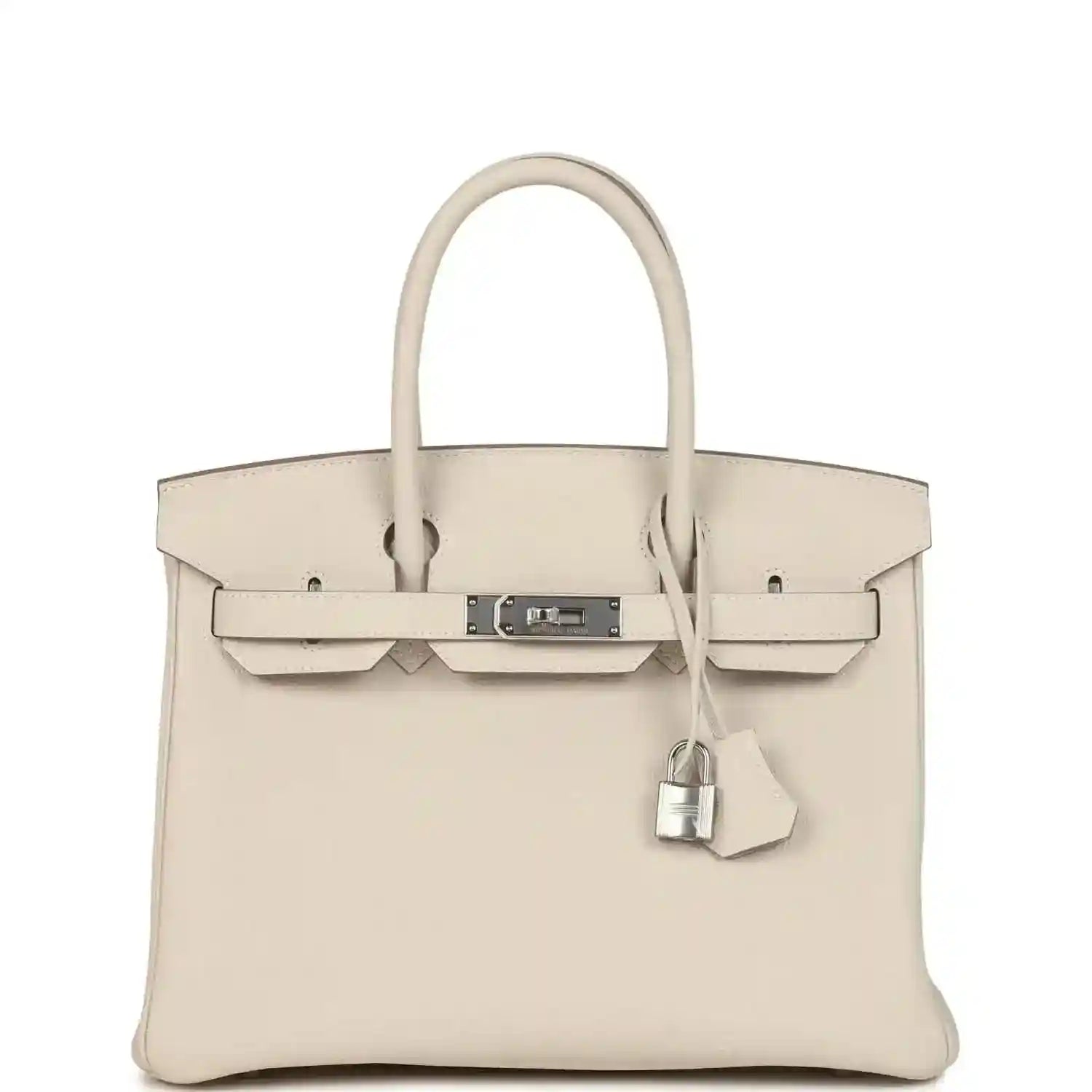 Hermes Birkin 30 handbag in light cream with front flap, padlock, and top handles