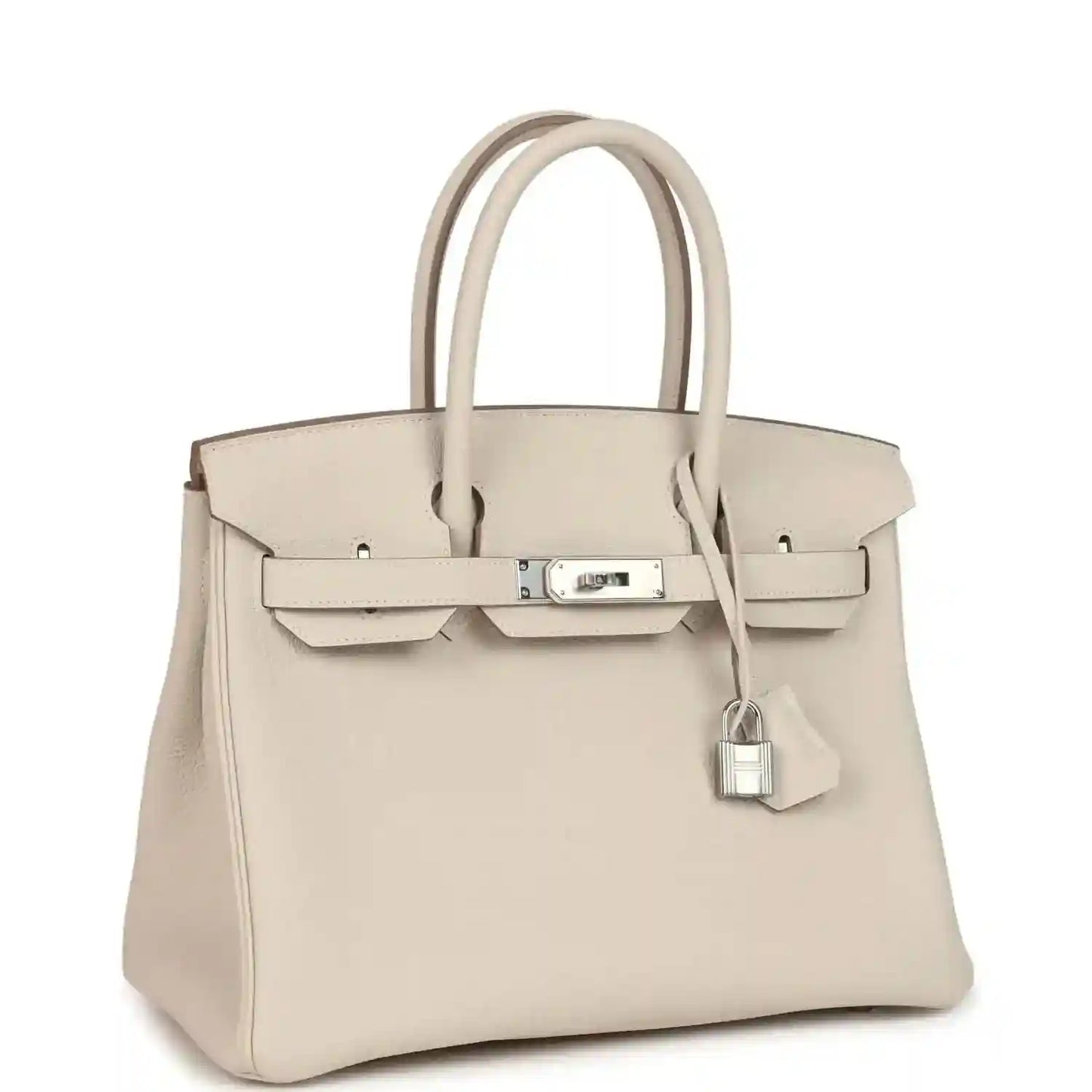 Birkin 30 handbag in light cream with front flap, padlock, and stitched side panels