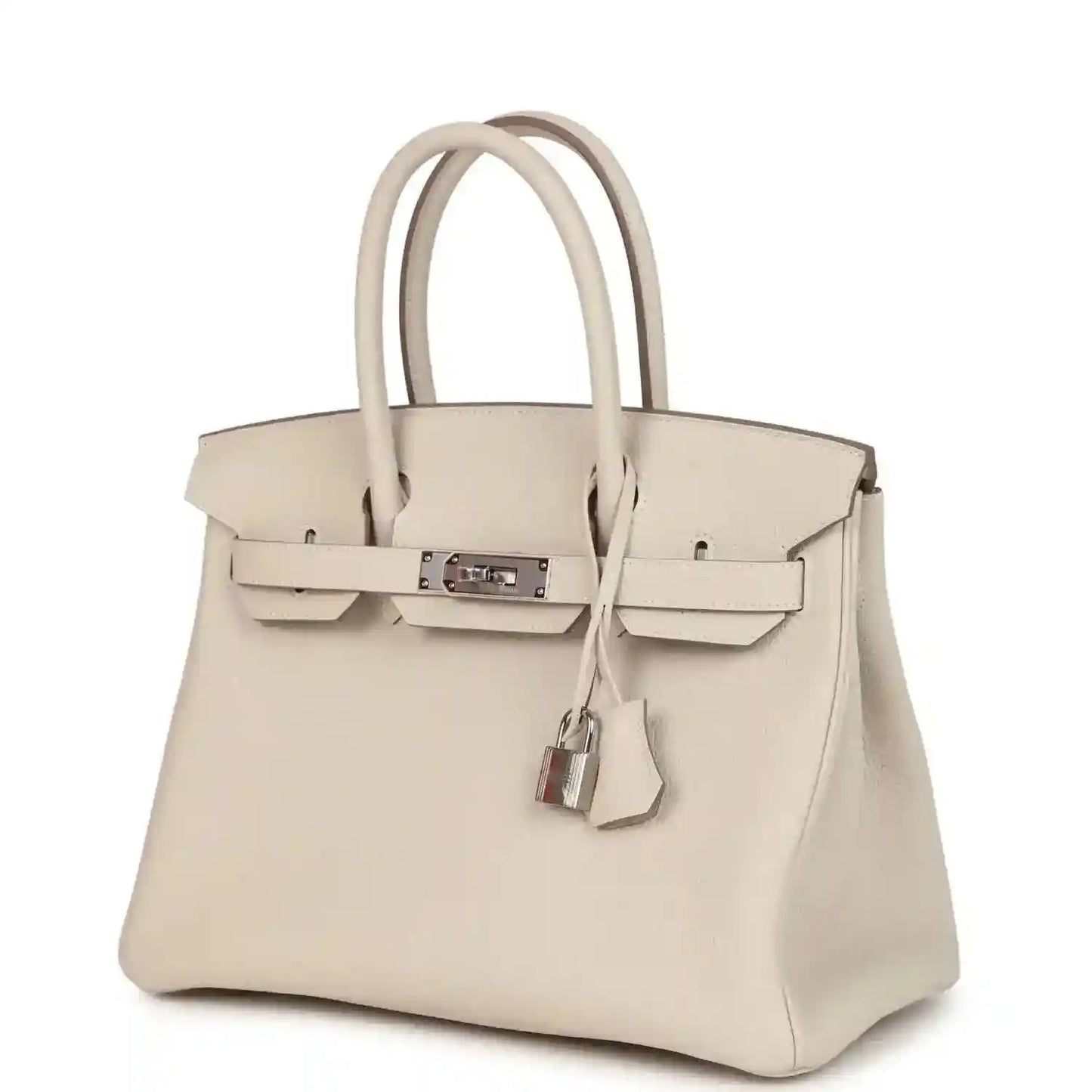 Birkin 30 handbag in light cream with front flap, padlock, and structured silhouette