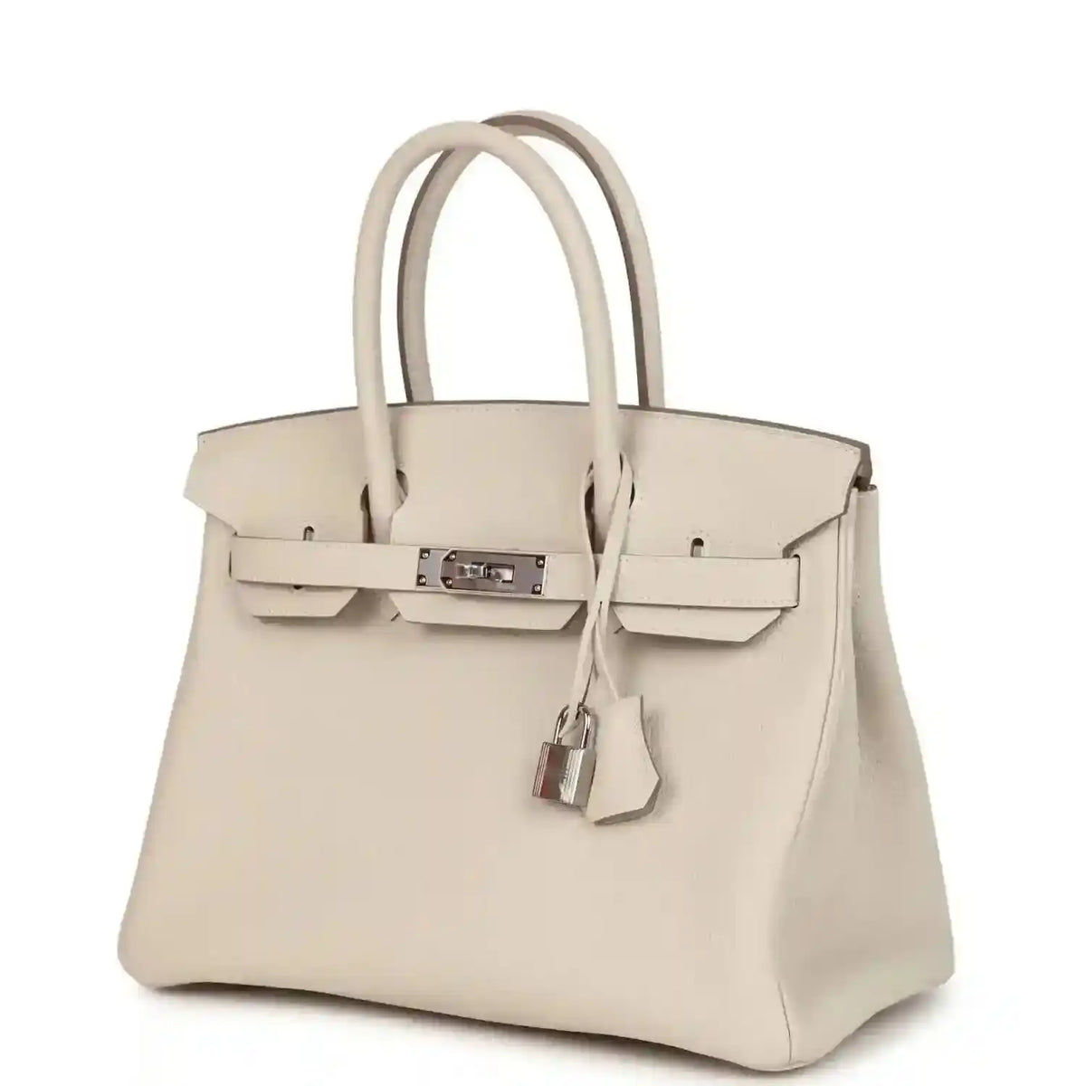 Birkin 30 handbag in light cream with front flap, padlock, and structured silhouette