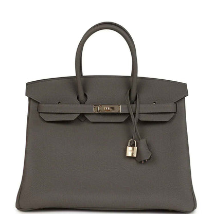 Hermes Birkin 35 handbag in dark gray with front flap and lock