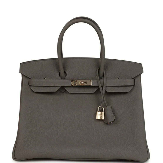 Hermes Birkin 35 handbag in dark gray with front flap and lock