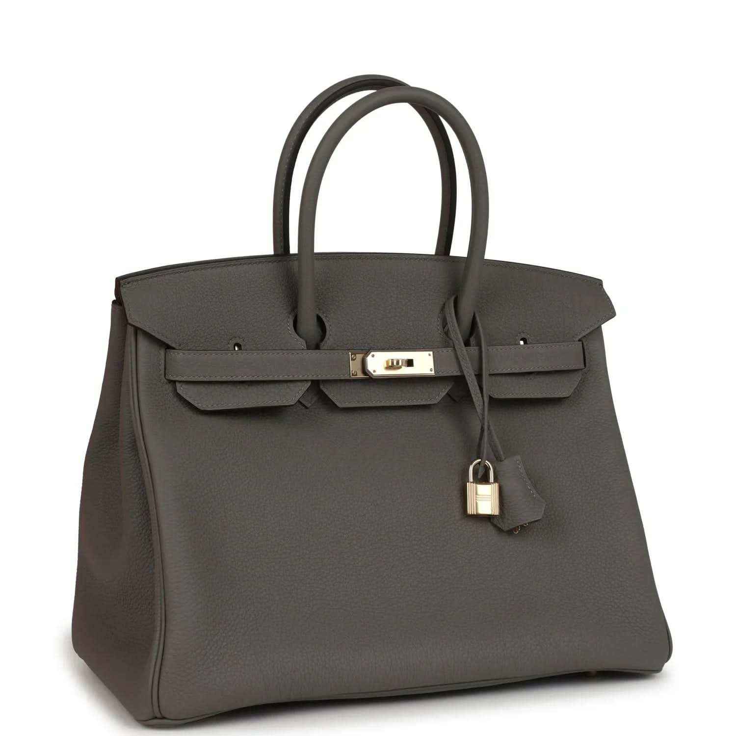 Hermes Birkin 35 handbag front view with turn-lock and hanging key charm