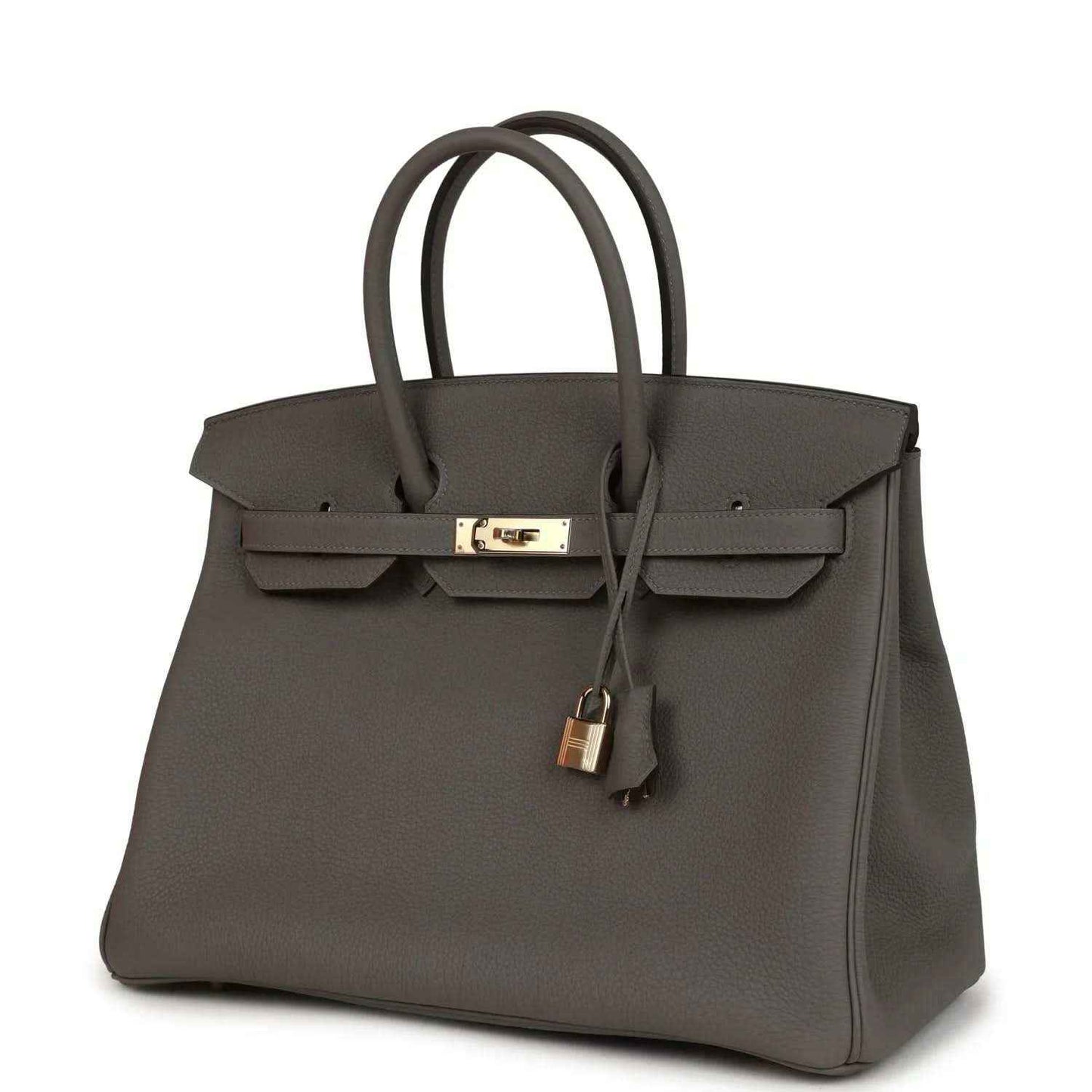 Hermes Birkin 35 handbag angled front view with gold-tone lock and key charm