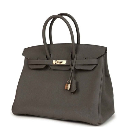 Hermes Birkin 35 handbag angled front view with gold-tone lock and key charm