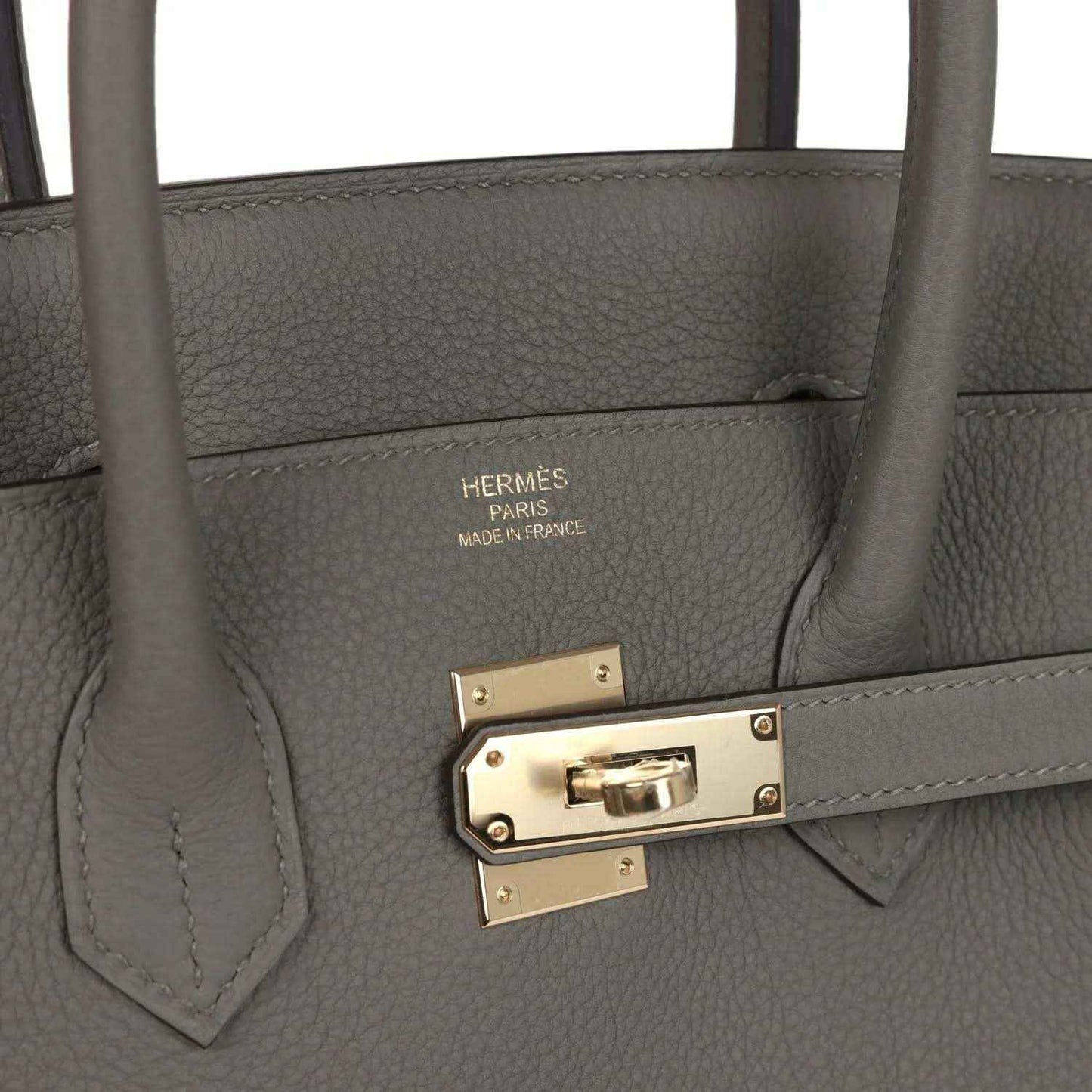 Hermes Birkin 35 handbag close-up of front clasp with Hermes stamp